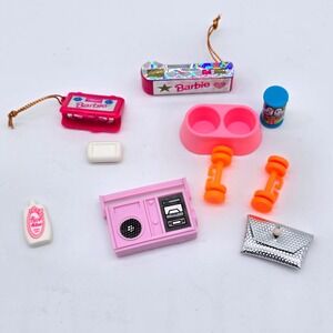 Vintage Barbie Doll Accessories Lot Boombox Radio Soap Dumbbells Purse Camera